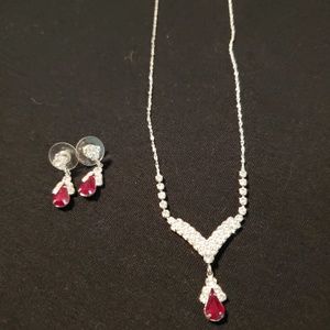 Tear Drop Red & Crystal Necklace with earrings